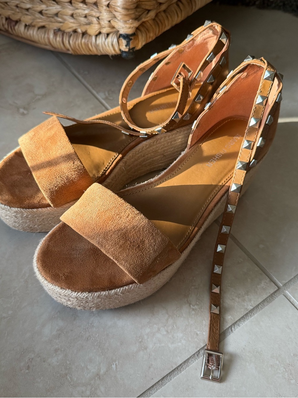 Marc Fisher Wedge Espadrille Sandals with Studded Ankle Wrap - Tan in 7.5